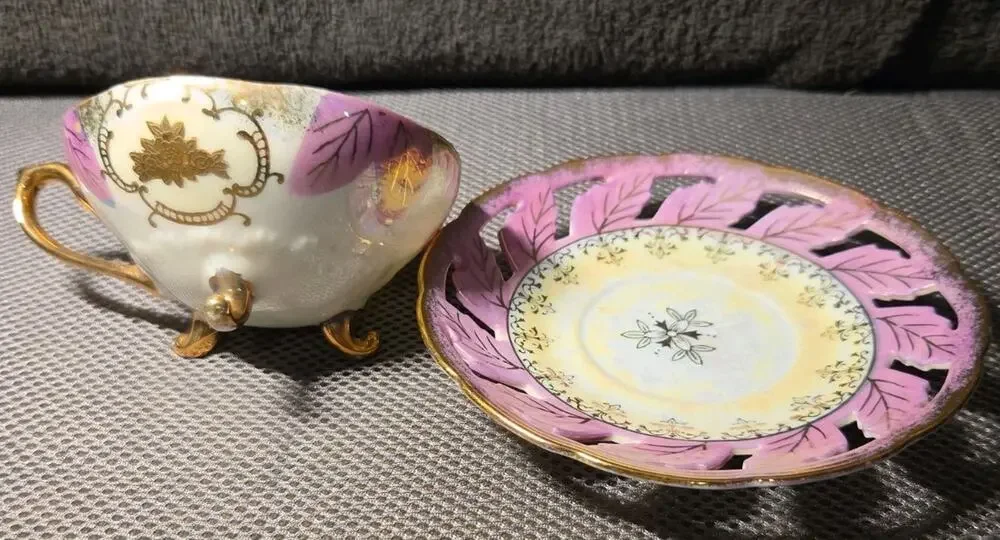 vintage Japanese lusterware porcelain teacup and saucer set Lace Design